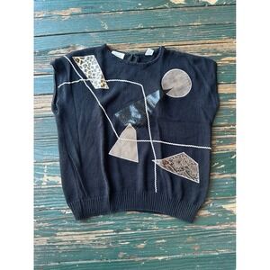 Vintage Margules Black Knit Sweater Vest Geometric Animal Print Mixed Media M